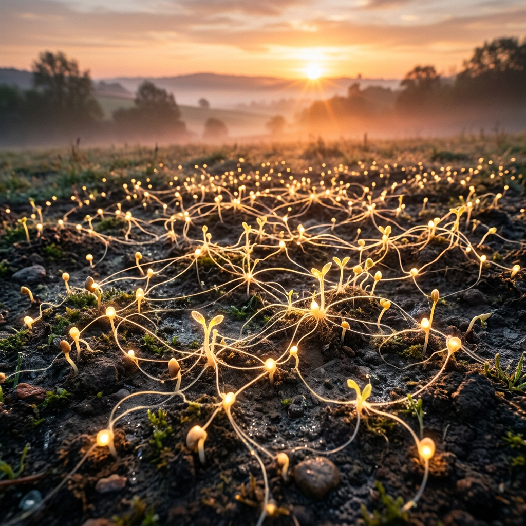 Small seedlings with glowing roots spreading over soil at sunrise