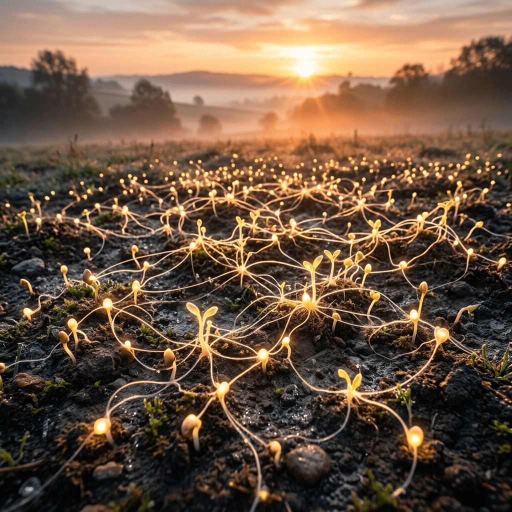 Small seedlings with glowing roots spreading over soil at sunrise