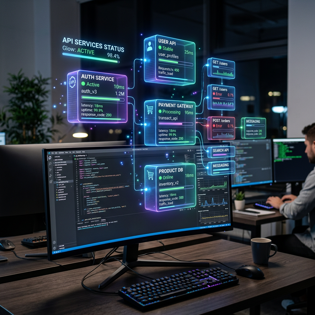 Computer screen displaying real-time API service status and performance metrics