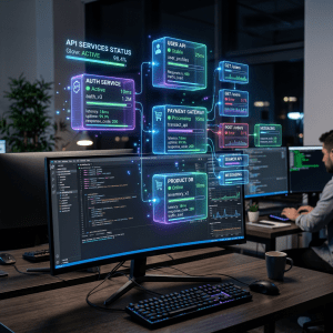 Computer screen displaying real-time API service status and performance metrics