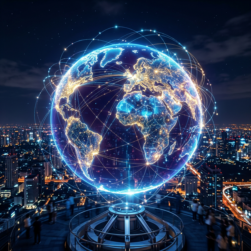 Digital globe showing continents and network connections above cityscape at night