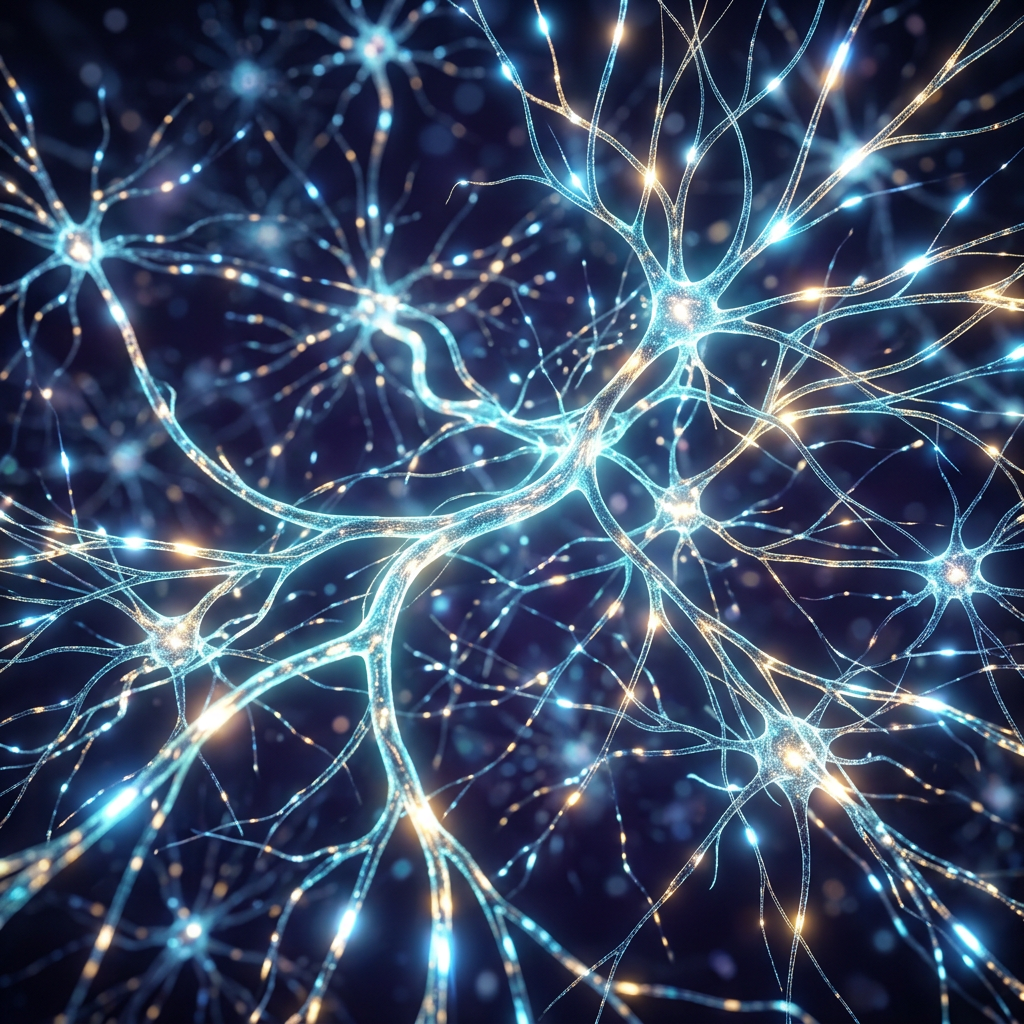 Network of interconnected neurons with glowing synapses in blue and orange hues