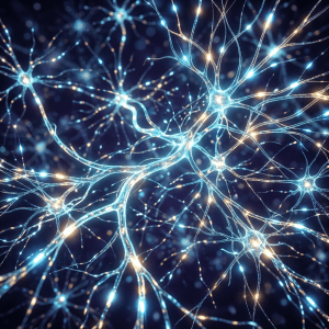 Network of interconnected neurons with glowing synapses in blue and orange hues