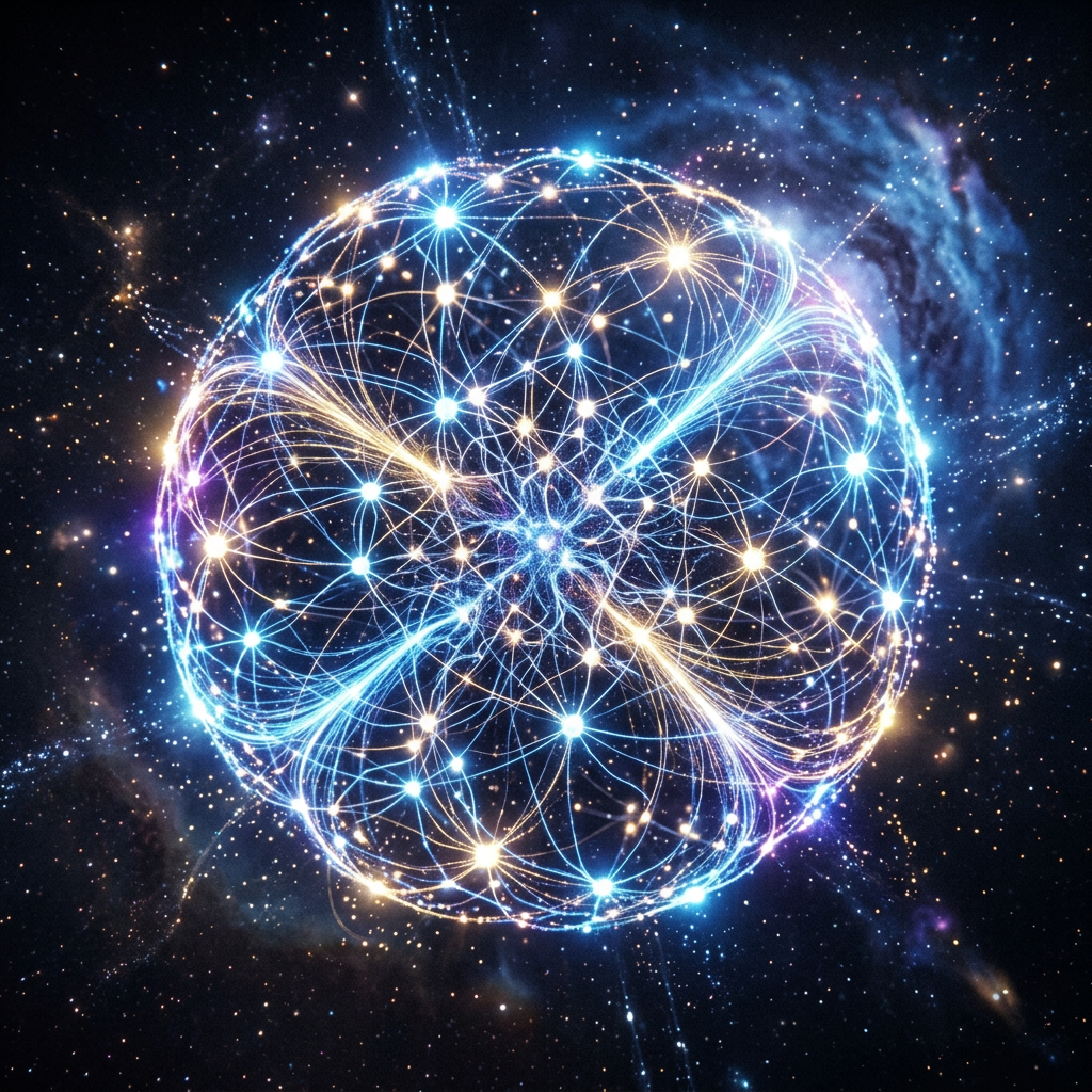 Glowing network of interconnected quantum particles in a spherical layout in outer space