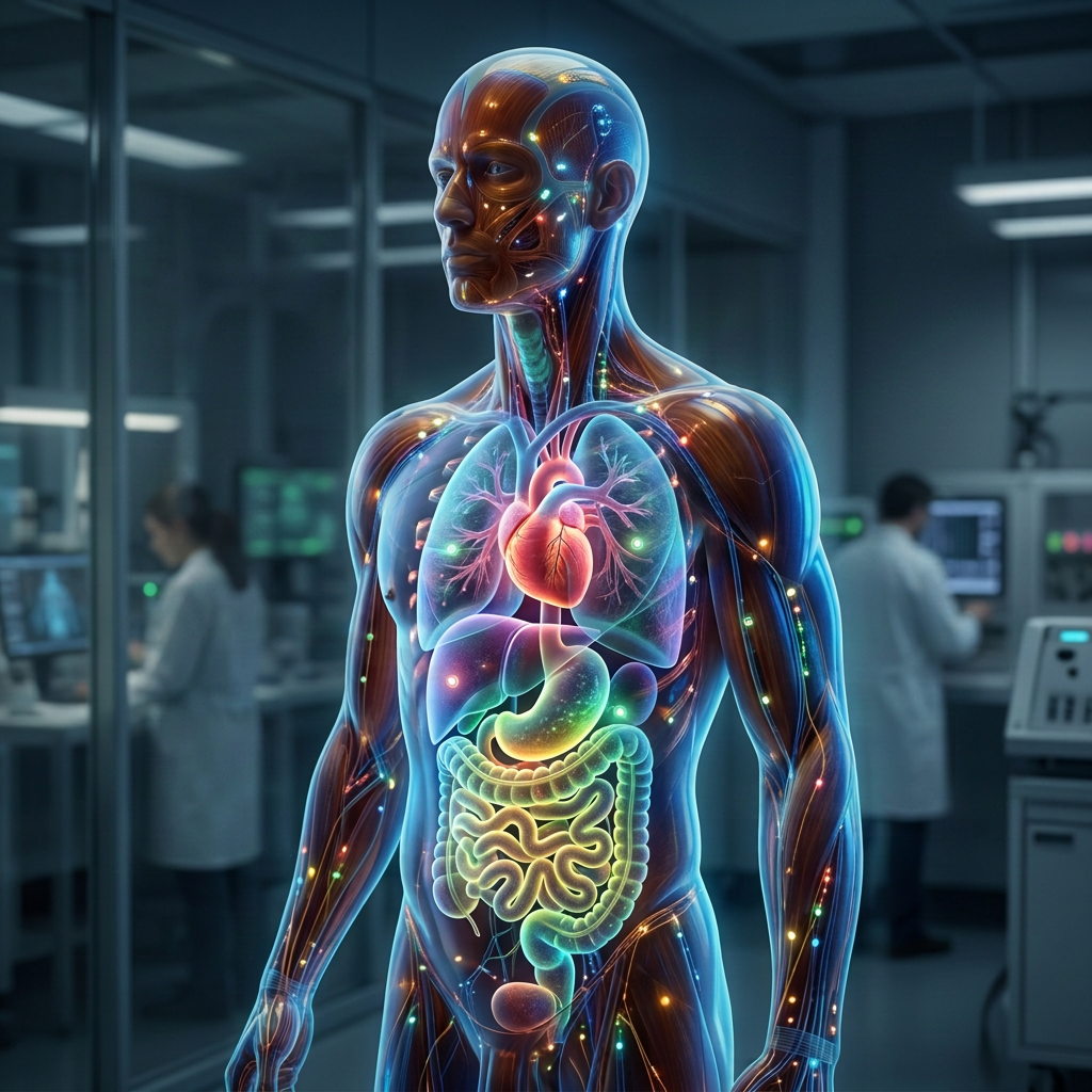 Transparent human figure showing heart, lungs, digestive system with vital sign data overlays