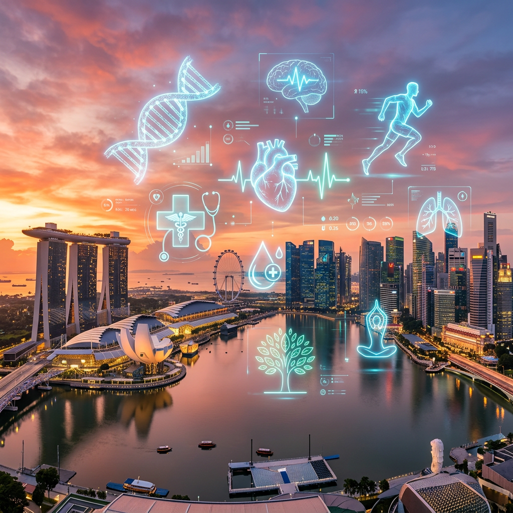 City skyline at sunset with digital health and wellness icons including DNA, heart, brain, runner, lungs, and meditation symbols