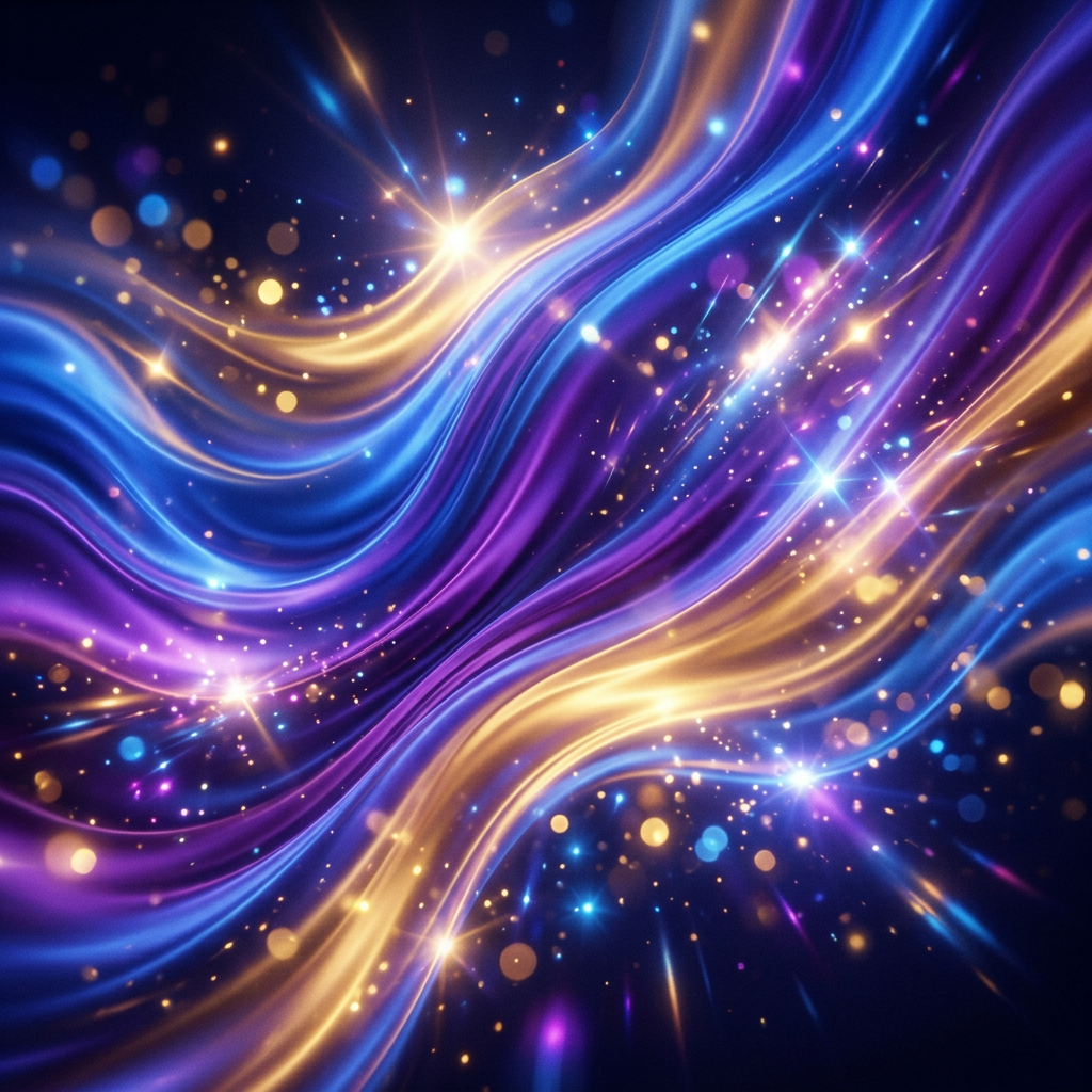 Curved flowing bands of blue, purple, and gold light with bright sparkling particles.