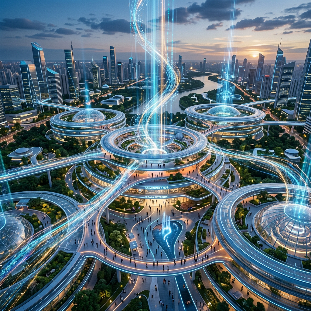 Futuristic city hub with circular buildings and digital light streams connecting structures