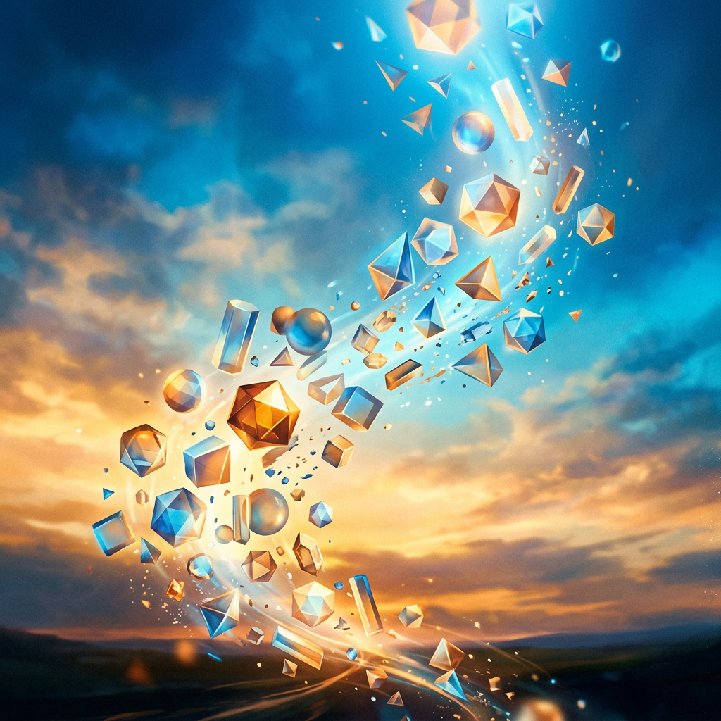 Various geometric shapes like spheres, cubes, and pyramids swirling upwards near sunset