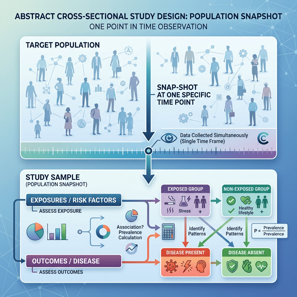 Diagram of cross-sectional study design showing target population, snapshot time point, exposures, outcomes, and groups with disease present or absent.