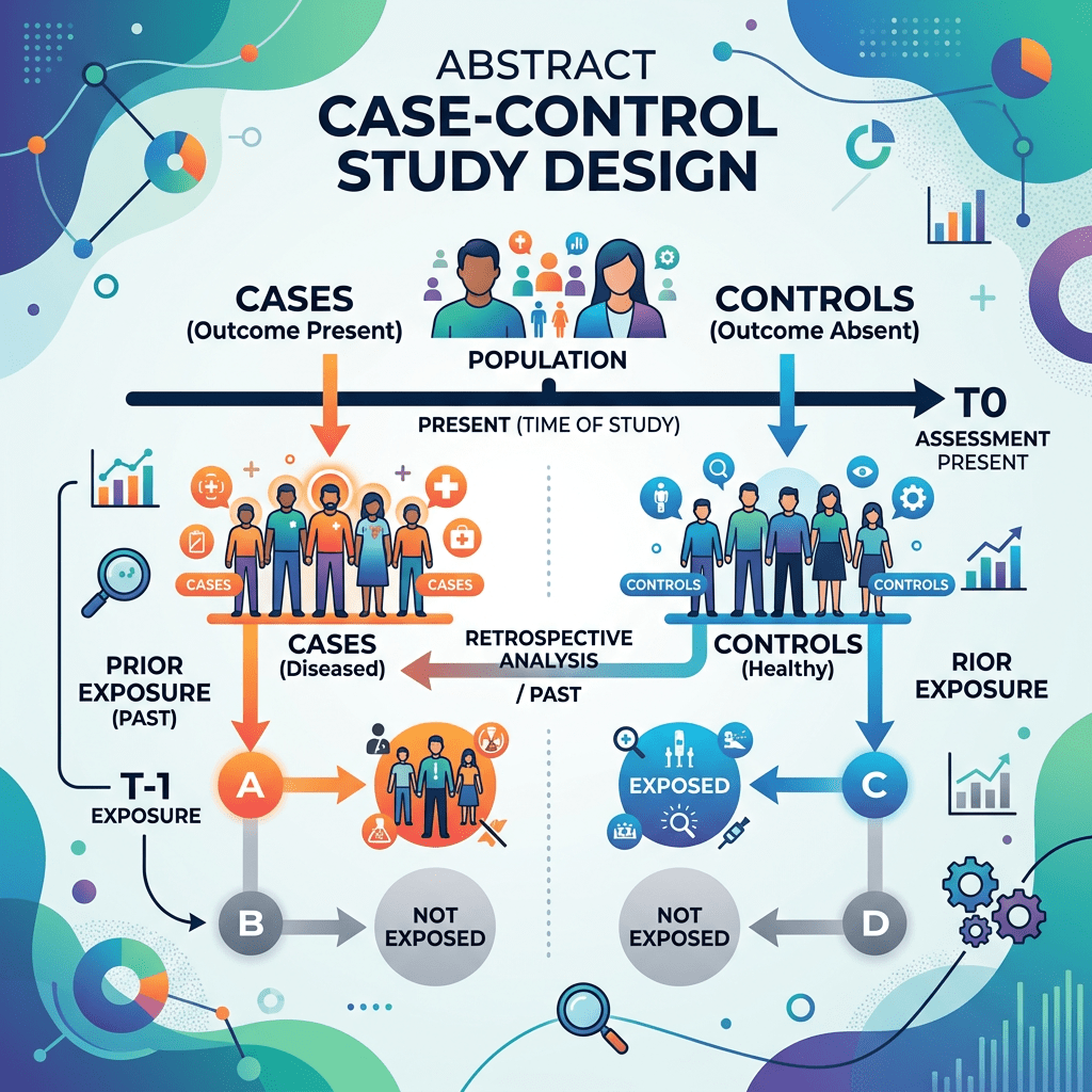 Diagram showing case-control study design with cases and controls compared by exposure status.