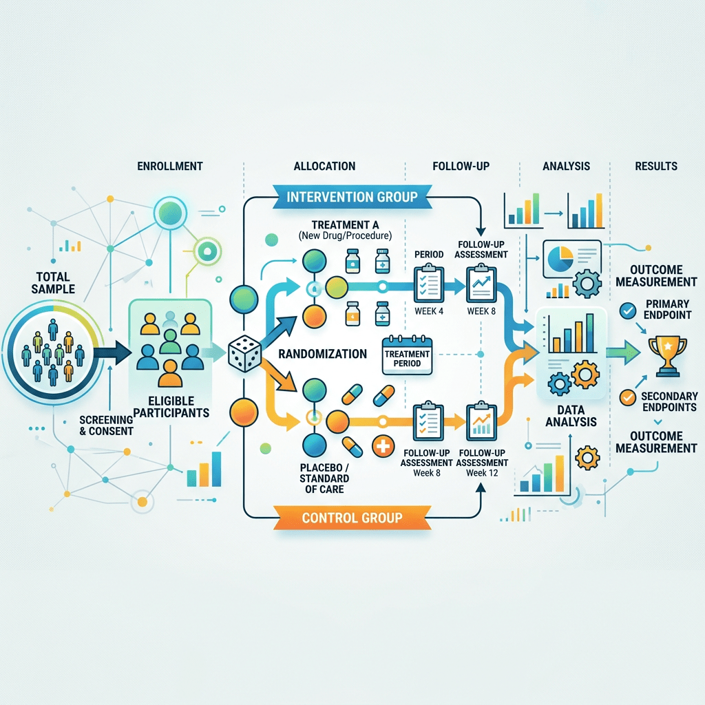 Flowchart of clinical trial phases including enrollment, allocation to intervention or control, follow-up assessments, data analysis, and outcome measurement