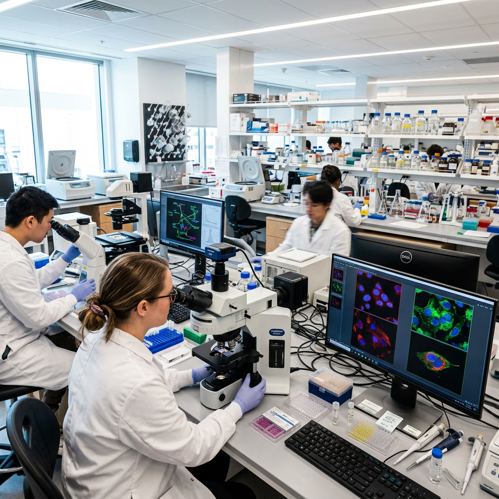 Scientists working with microscopes and computer screens displaying cell images in a biomedical lab