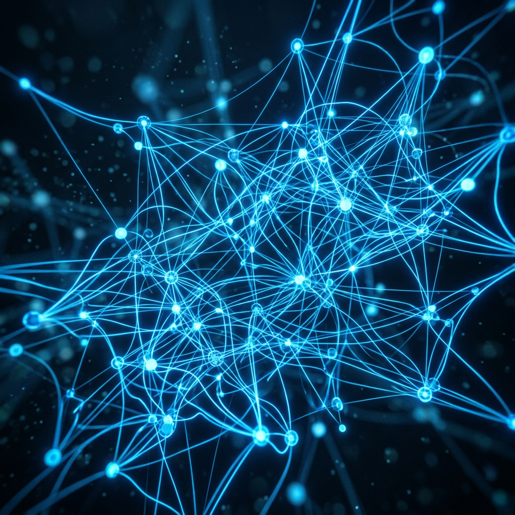 Blue glowing interconnected nodes and lines forming a neural network structure
