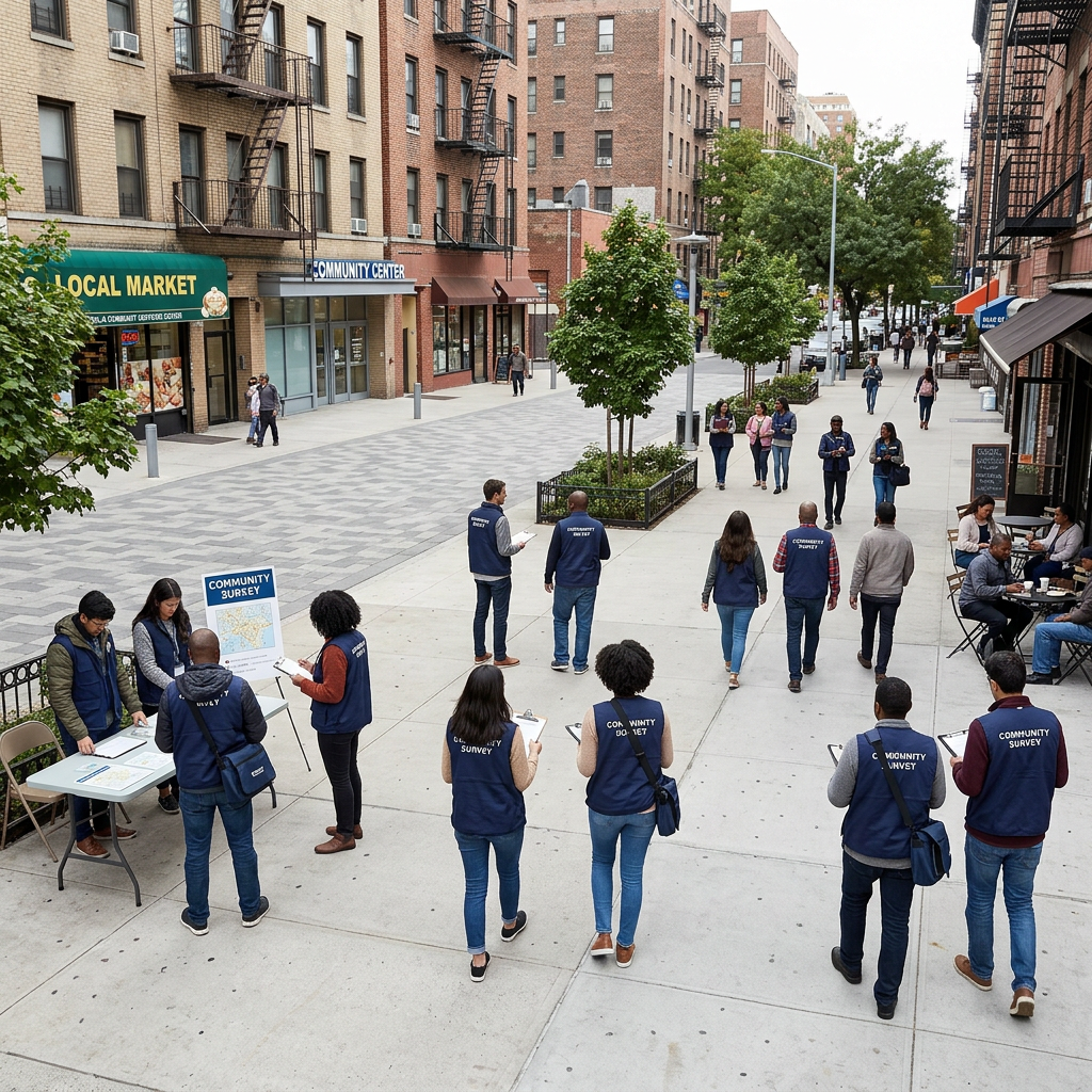 Volunteers wearing vests with community survey signs walking and talking on a city sidewalk