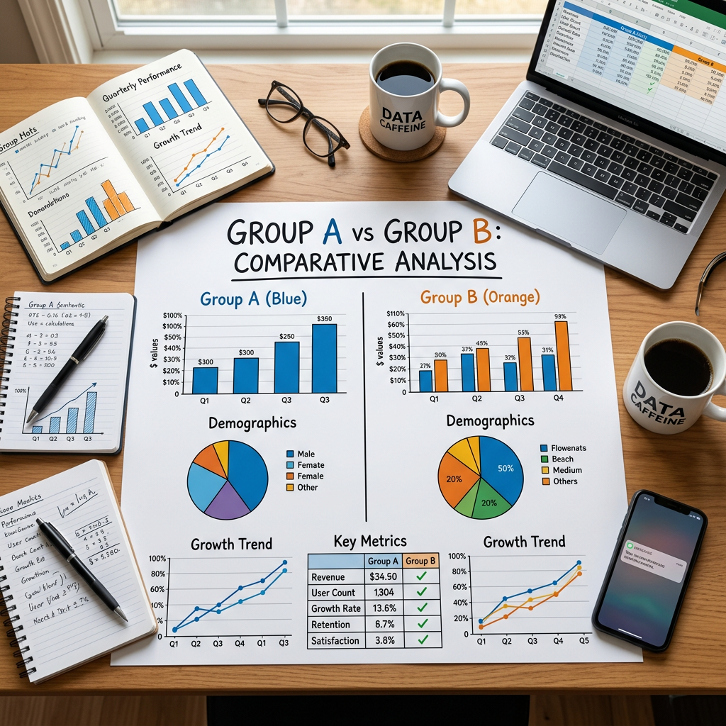 Comparative analysis of Group A and Group B with bar graphs, pie charts, growth trends, and key metrics in blue and orange colors on a desk with laptops, notebooks, coffee mugs and a smartphone.